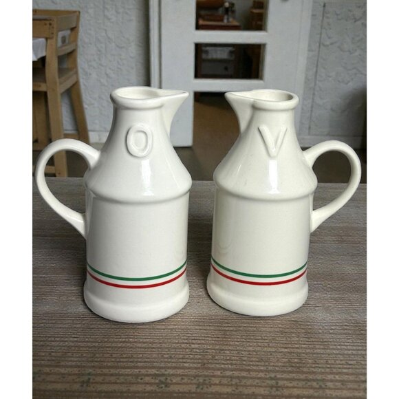 Set Of Oil & Vinegar Ceramic Cruets With Red & Green Stripes - Picture 2 of 6